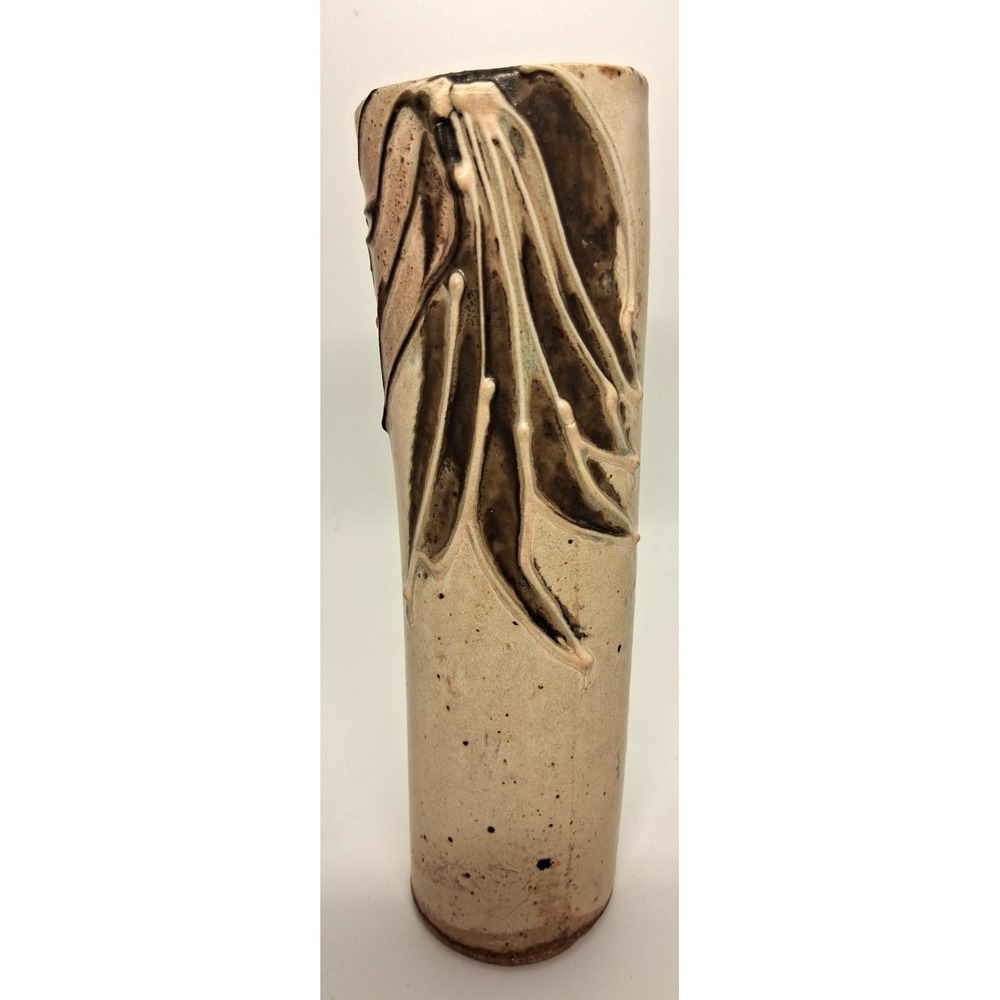 Studio Pottery with hand-applied design, textured leaf on a Slim Vase